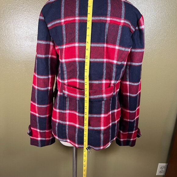 American Eagle Plaid Jacket Red Blue White Button Front Wool Coat Womens Size L - Picture 7 of 14